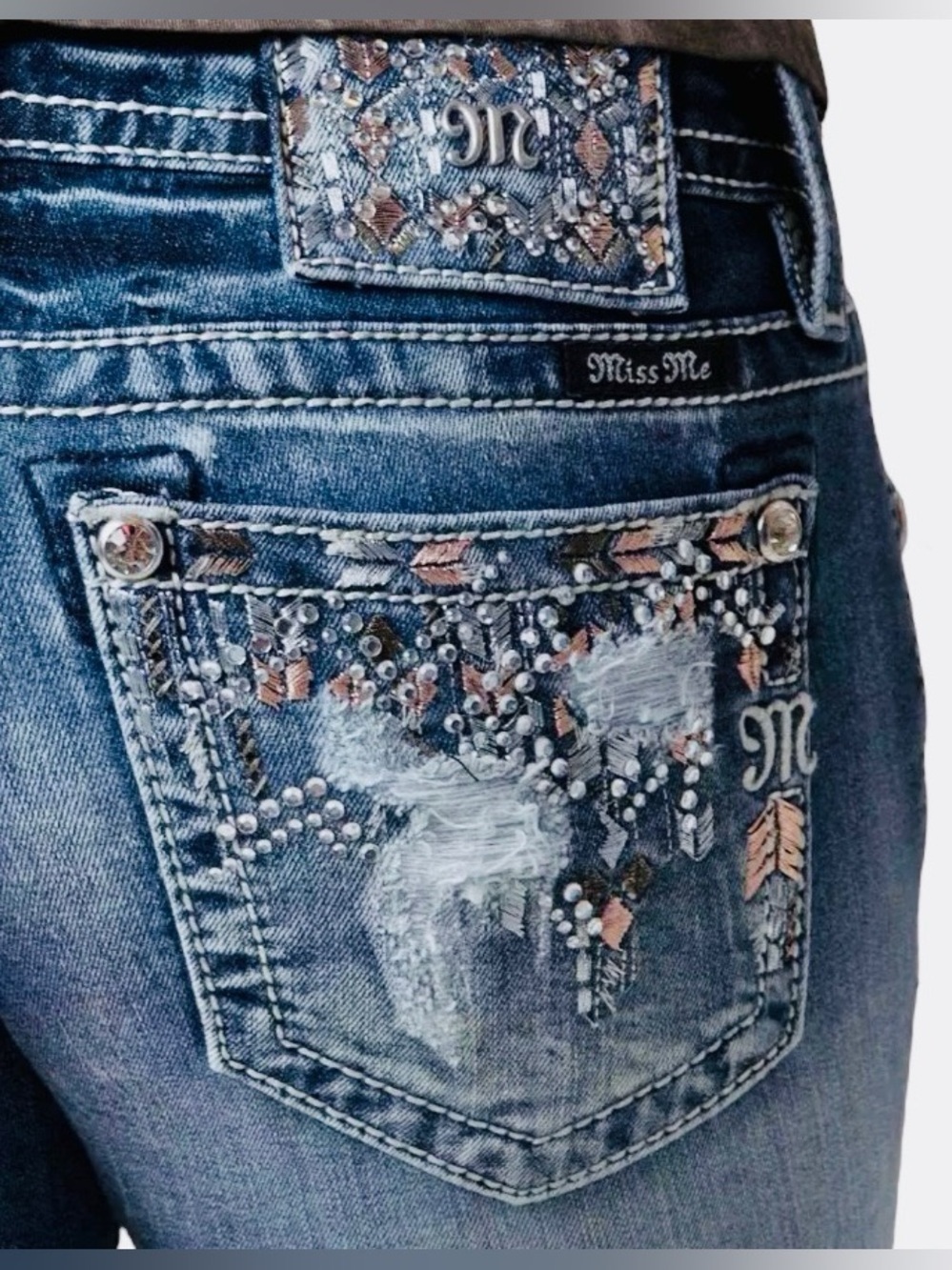 Miss Me Signature Rhinestone Embroidered Distressed Skinny Jeans